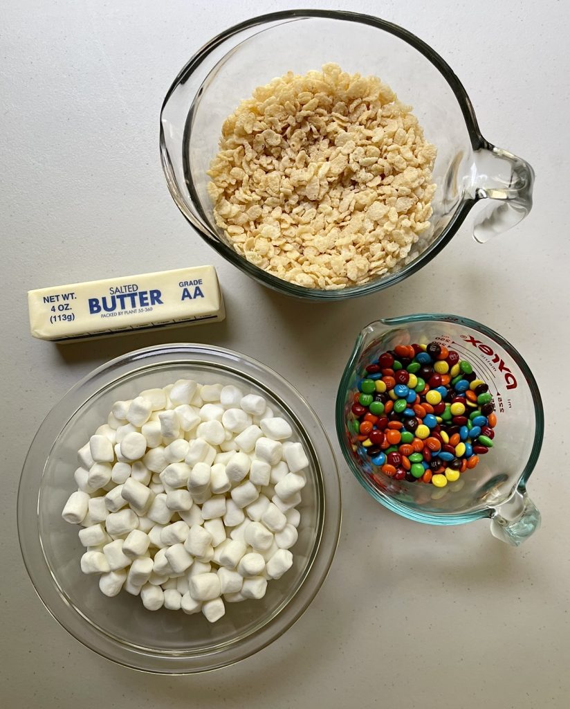 Ingredients you'll need for making m&m rice krispie treats.