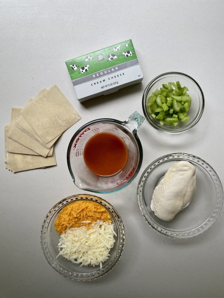 Ingredients for buffalo chicken wonton cups.