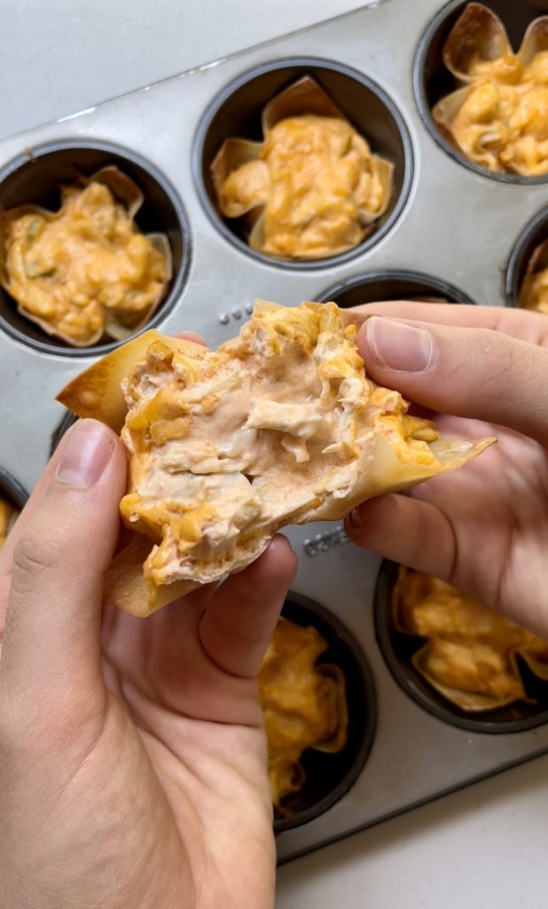 the creamy inside of these buffalo chicken wonton cups.