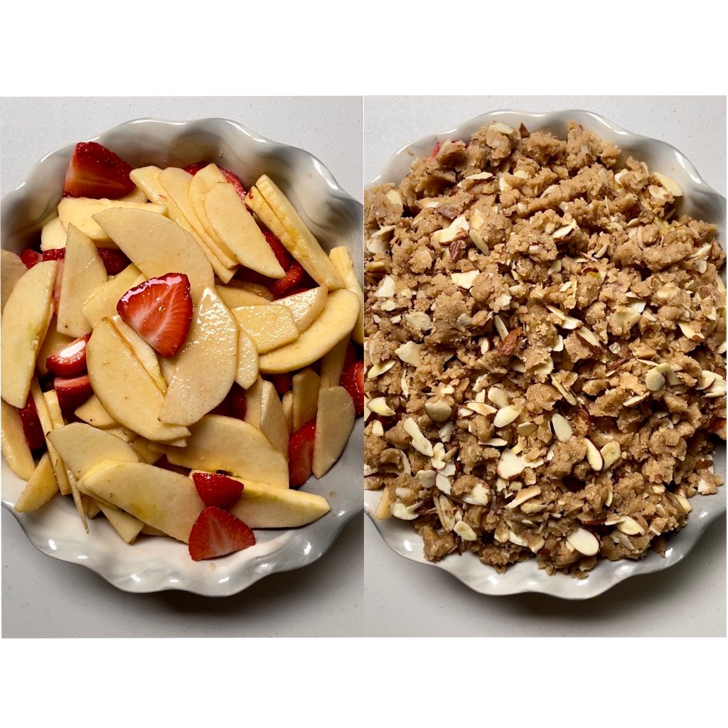 strawberry apple crisp before and after the topping is added.