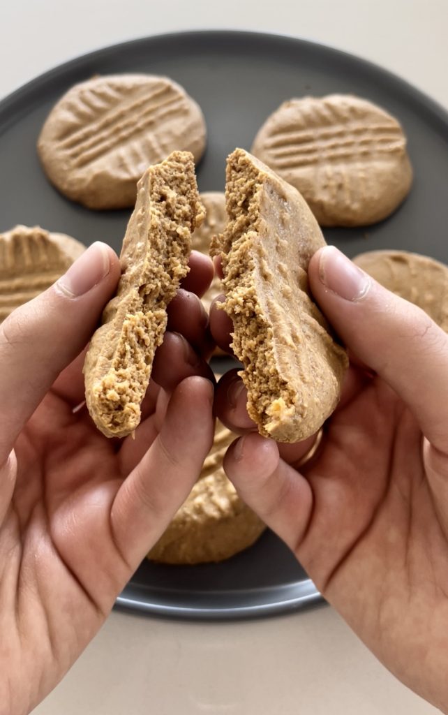 The soft and chewy inside of these 2-ingredient peanut butter cookies.  