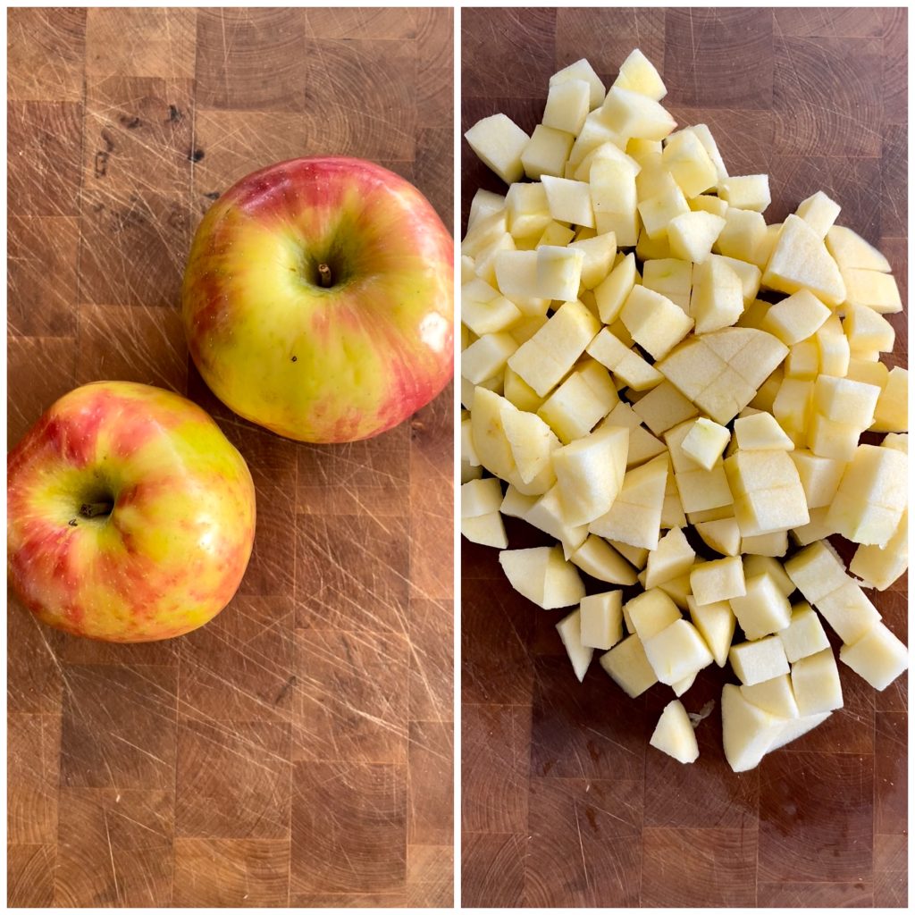 side by side images of whole apples and diced apples.