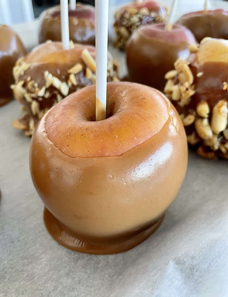 Classic caramel apples with nuts ready to be enjoyed!