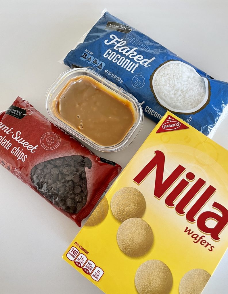 Nilla Wafers, dulce de leche, chocolate chips and shredded coconut are some of the ingredients you need for Nilla Wafer sandwich cookies.