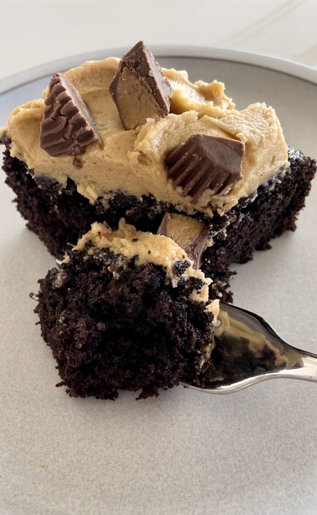 The chocolate cake in this recipe for chocolate cake with peanut butter frosting is light and fluffy, yet packed with chocolate flavor!