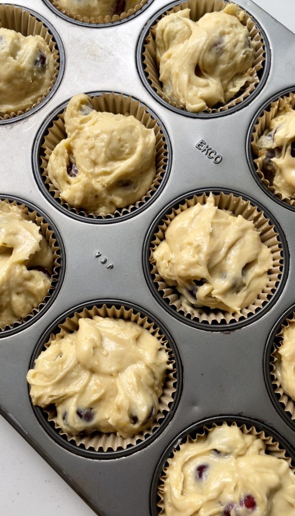 Filling the muffin tins all the way to the top will help result in a tall, bakery style muffin.