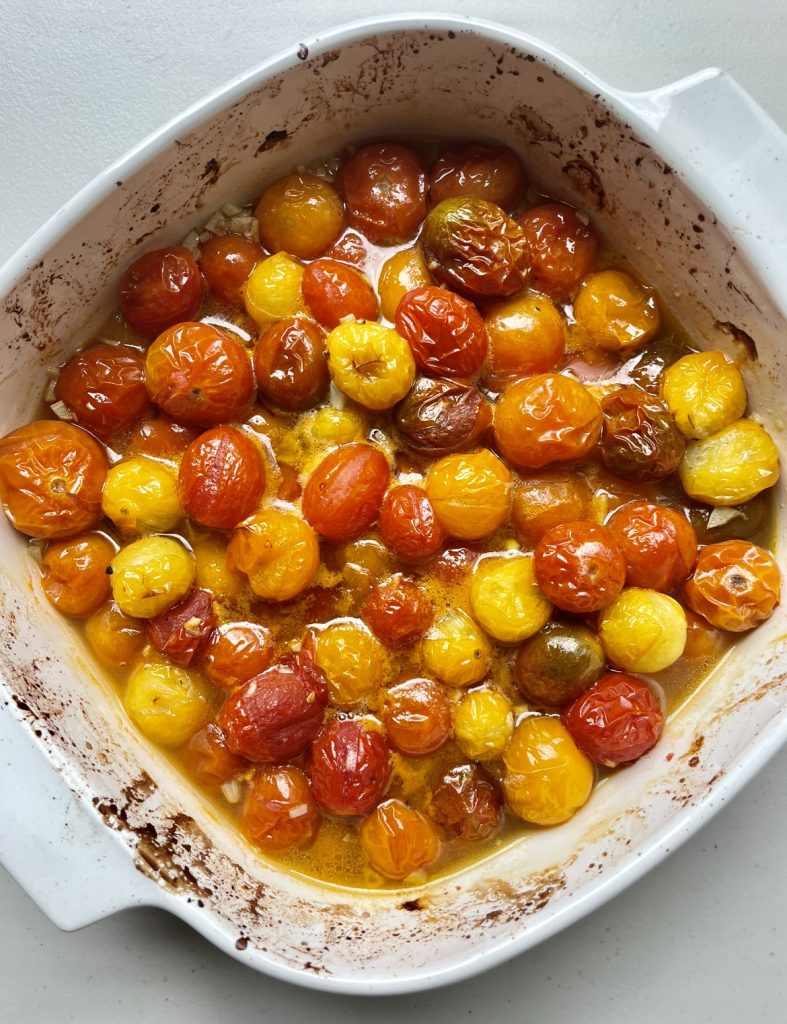 The roasted tomatoes are very colorful and full of flavor! Be sure to let them cool before adding them to the crostini.