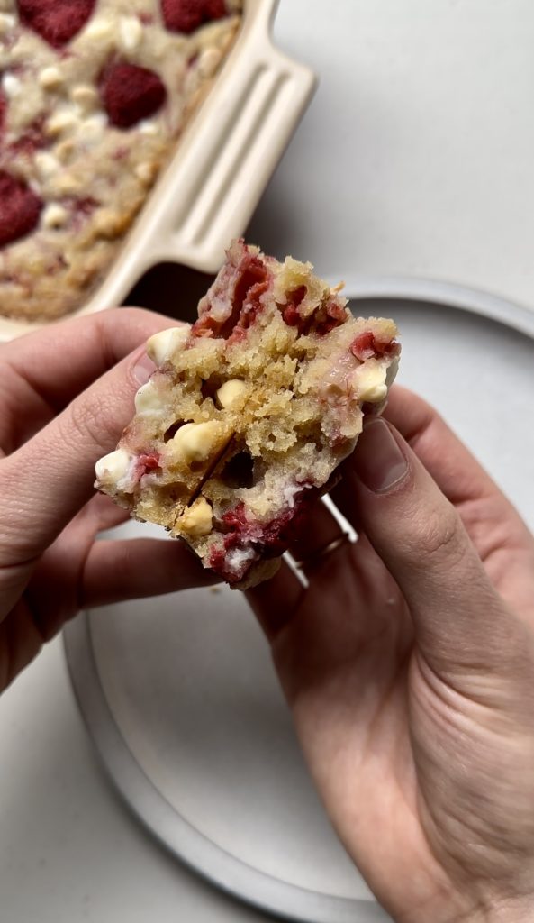 White chocolate and raspberry blondies are extremely soft and chewy on the inside!