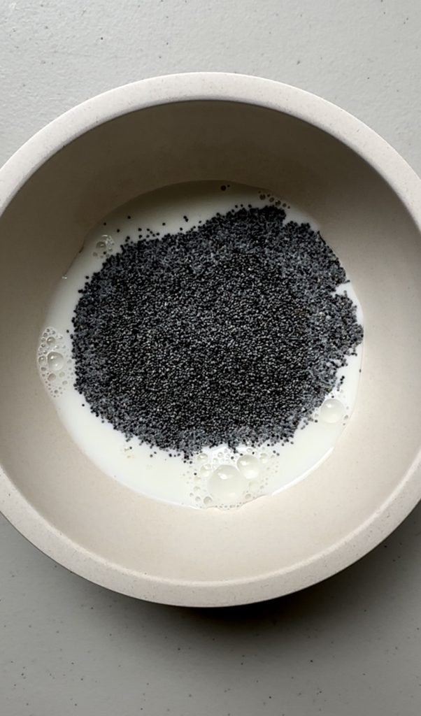 Soaking the poppyseeds in the milk for this recipe will help dissolve the outer coating that's on the poppyseeds before adding them to the muffin batter.