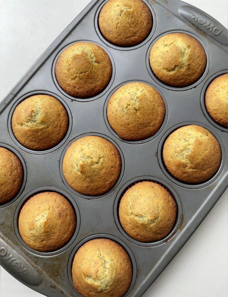 These orange poppyseed muffins should be puffed and golden brown when removed from the oven.
