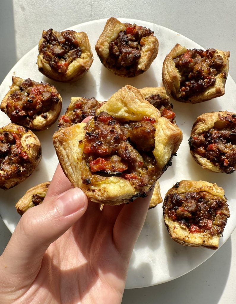 You can serve these delicious sausage and pepper pastry cups warm or at room temperature!