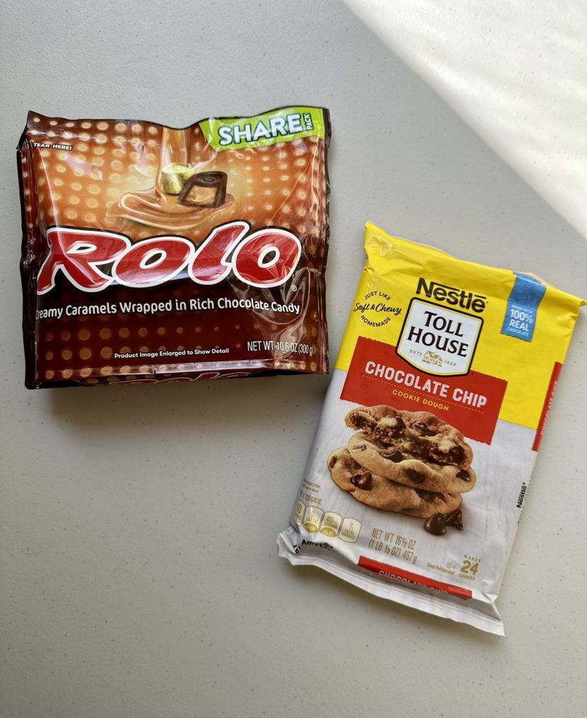 You only need 2 main ingredients for this easy recipe! Rolo candies and chocolate chip cookie dough!