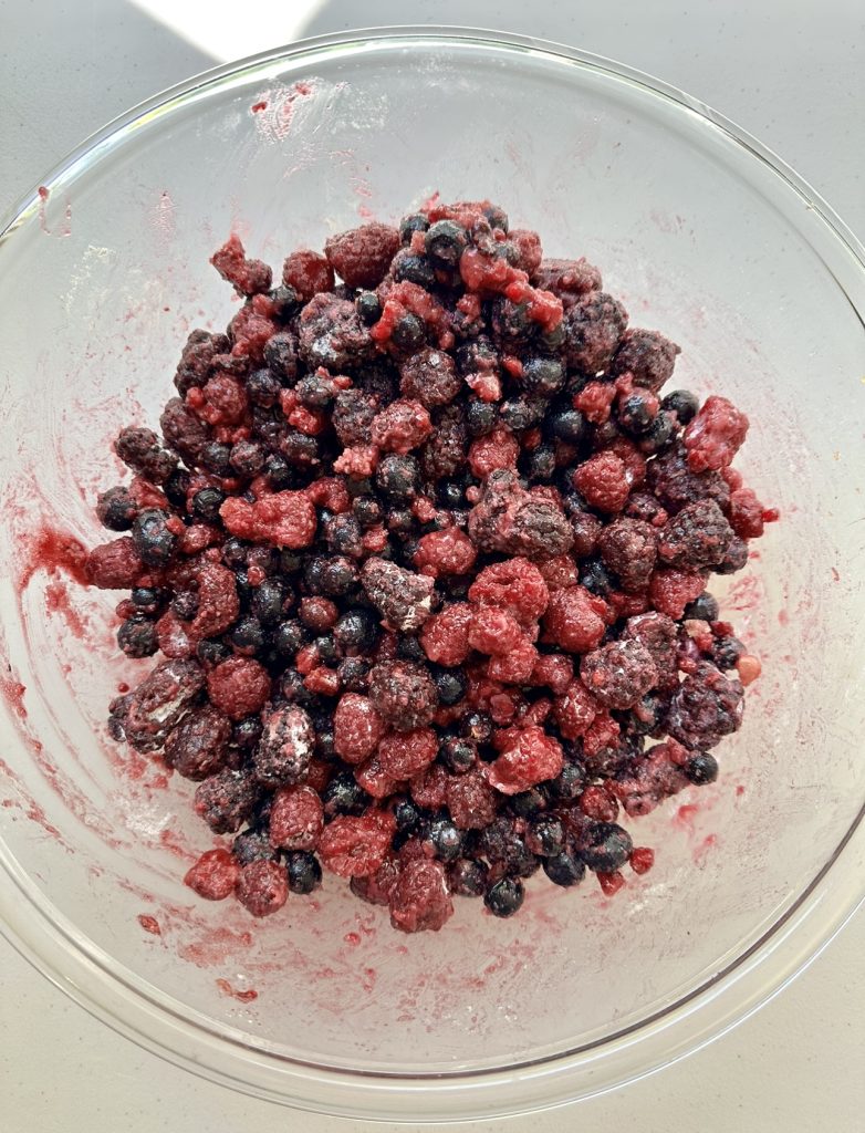 The mixed berry filling is made from blackberries, blueberries, raspberries, sugar, vanilla, lemon zest, lemon juice and flour.