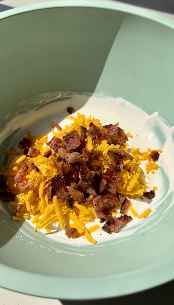 Be sure to reserve some of the cheese and crispy bacon for topping the cauliflower casserole!