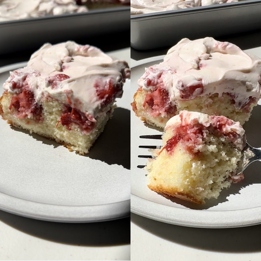 Strawberry poke cake will remind you of strawberry shortcake with bursting strawberry flavor in every bite!