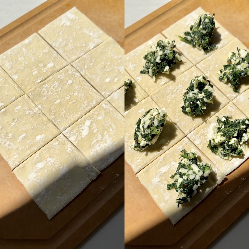 Each puff pastry square only needs about 1 heaped tablespoon of filling. Try your best to not overfill them so that they're easy to fold!