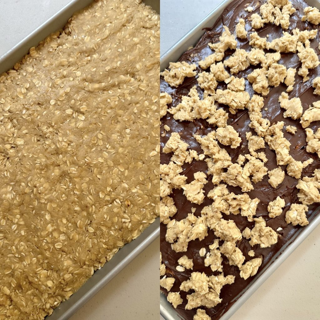Assembling these bars is very easy! Press down the oatmeal cookie crust, spread on the chocolate fudge, then crumble the rest of the cookie dough on top. 