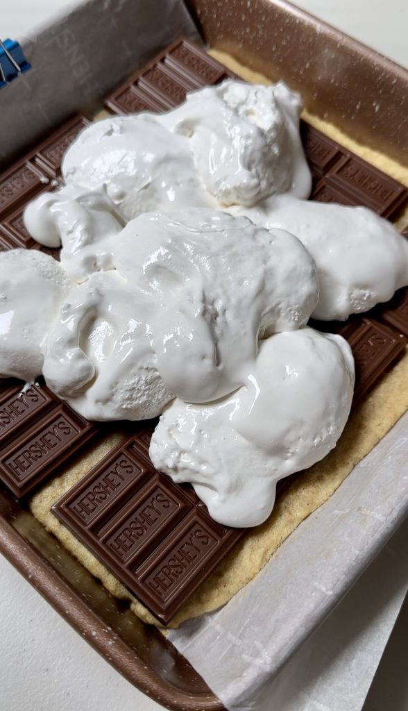 Store-bought marshmallow fluff is a great timesaving shortcut here. It ends up making these bars gooey and delicious!